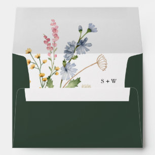 Dark Green Watercolor Wildflower Theme Wedding Envelope