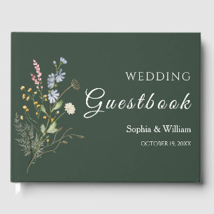 Dark Green Watercolor Wildflower Theme Wedding Guest Book