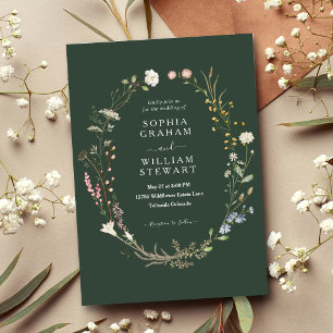 Dark Green Watercolor Wildflower Theme Wedding Invitation