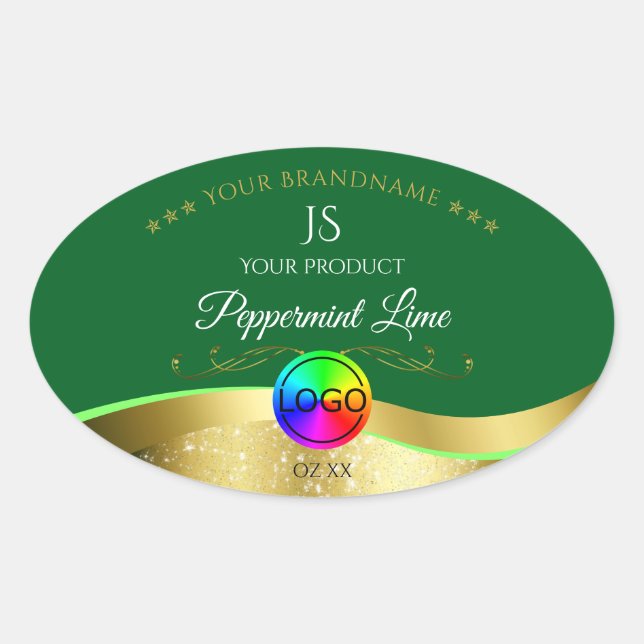 Dark Green Wavy Gold Logo Monogram Product Label (Front)