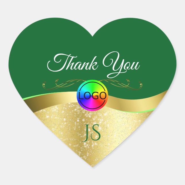 Dark Green Wavy Gold with Logo Monogram Thank You Heart Sticker (Front)
