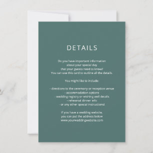 Dark green wedding details card modern font