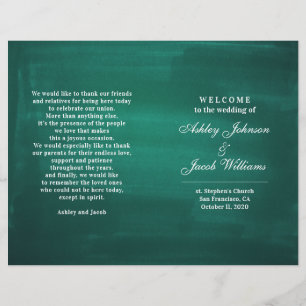 Dark green wedding program. Modern elegant emerald