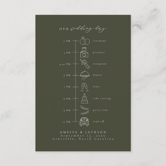 Dark Green Wedding Timeline Order Of Events Enclosure Card (Front)