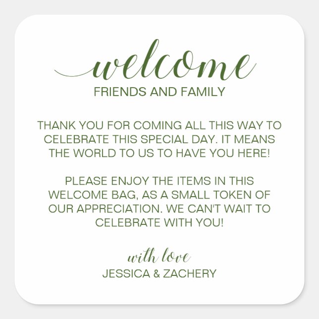 Dark Green Wedding Welcome Gift Bag Basket Square Sticker (Front)