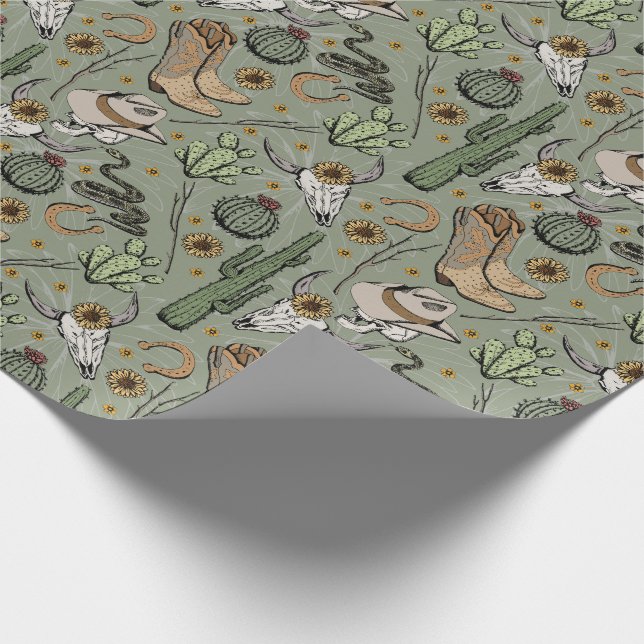 Dark Green Western Laughing Cowboy Skull & Cactus Wrapping Paper (Corner)