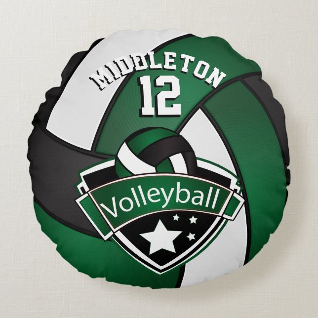 Dark Green, White and Blue Personalise Volleyball Round Cushion (Front)