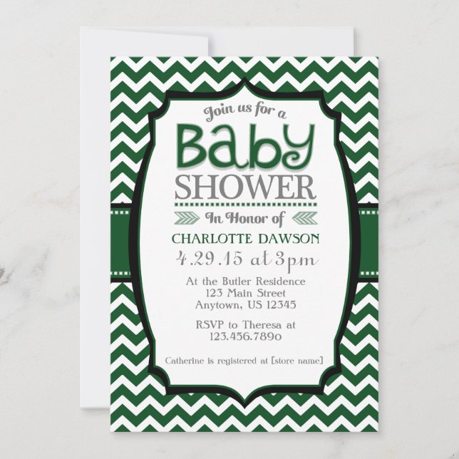 Dark Green White Chevron Baby Shower Invitation (Front)