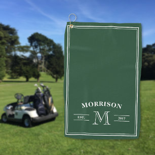 Dark Green White Elegant Monogram Golf Towel