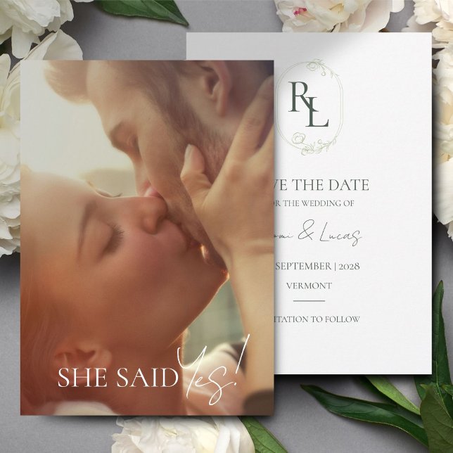 Dark Green & White Floral Monogram Photo Wedding Announcement (Creator Uploaded)