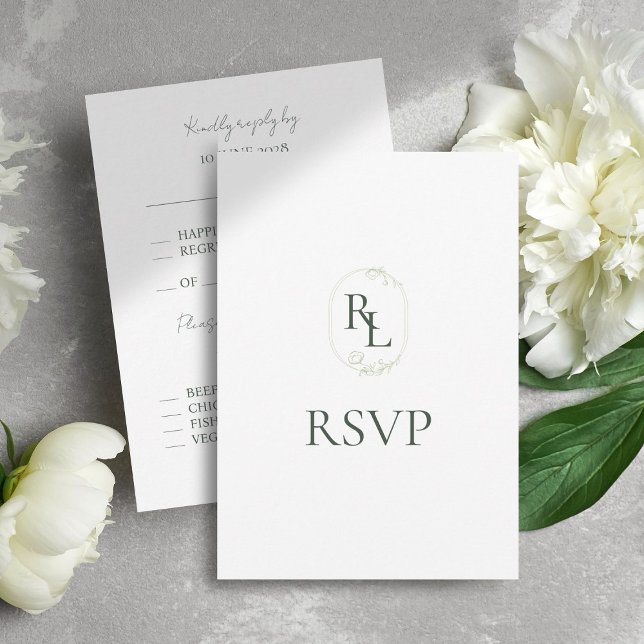 Dark Green & White Floral Monogram Wedding RSVP Card (Creator Uploaded)