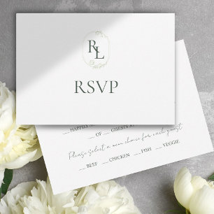 Dark Green & White Floral Monogram Wedding RSVP Card
