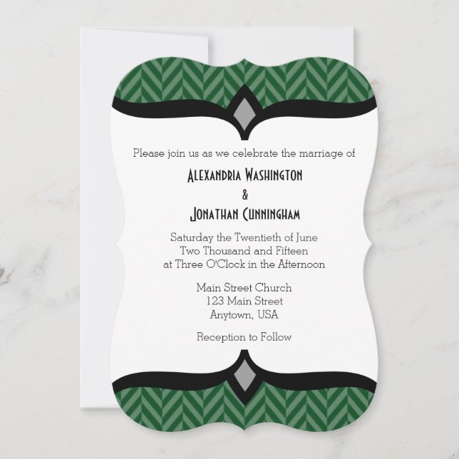 Dark Green White Herringbone Wedding Invitation (Front)