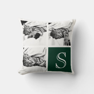 Dark Green, White Instagram Photo Collage Monogram Cushion