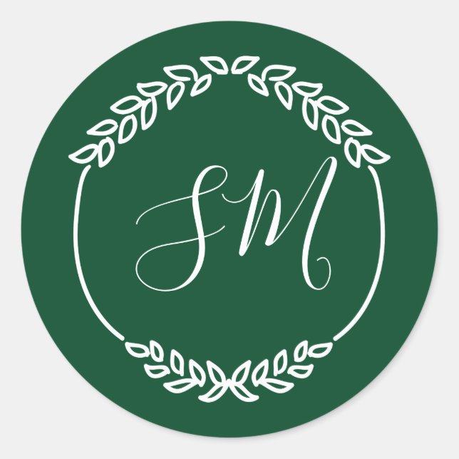 Dark Green White Leaf Wreath Monogram Wedding Classic Round Sticker (Front)