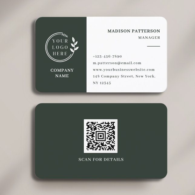 Dark Green White Logo QR Code Minimalist Modern Business Card (Creator Uploaded)