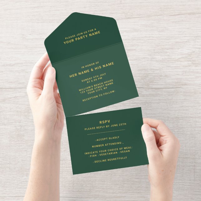Dark Green White | Minimalist Modern Elegant Foil All In One Invitation (Tearaway)