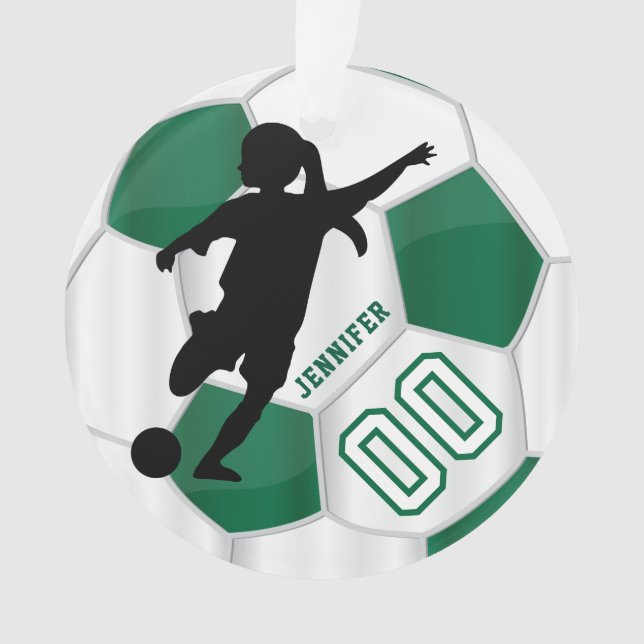 Dark Green & White Personalize Girl Soccer Player Ornament (Front)