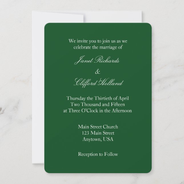 Dark Green White Plain Simple Wedding Invitation (Front)