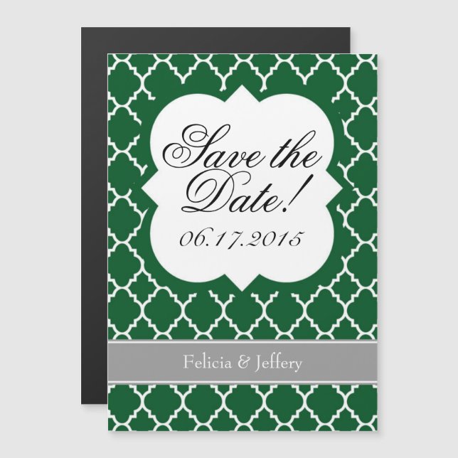 Dark Green White Quatrefoil Save The Date Magnet (Front/Back)