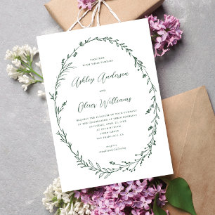 Dark Green White Rustic Wildflower Wreath Wedding Invitation