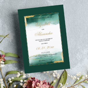 Dark green white watercolor gold glitter wedding invitation