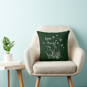 Dark Green & White Wildflowers Monogram Cushion