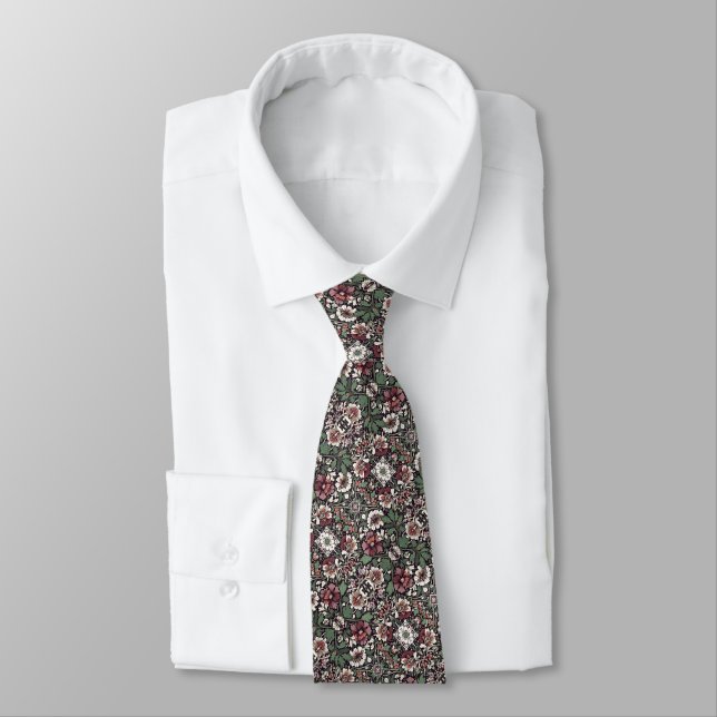 Dark Green, Wine, Black & White Floral Pattern Tie (Tied)