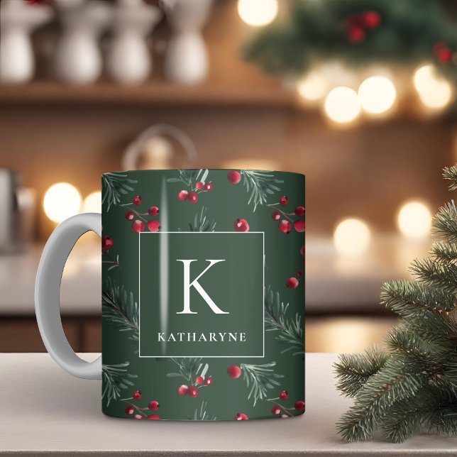Dark Green Winter Watercolor Botanical Monogram Coffee Mug (Dark Green Winter Watercolor Botanical Monogram Coffee Mug)