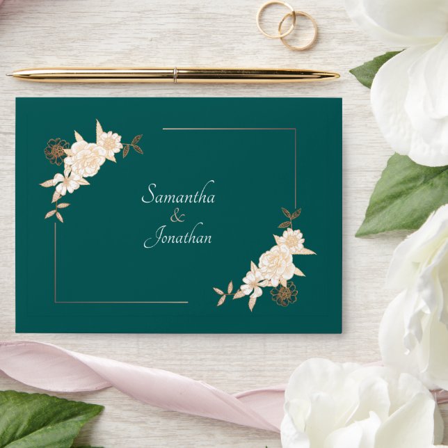 Dark Green with Cream Roses Wedding Envelope (Wedding)