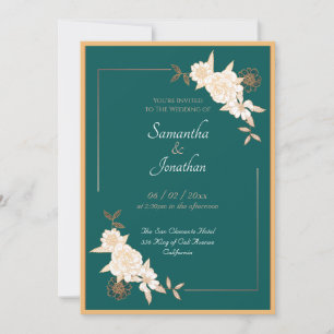 Dark Green with Cream Roses Wedding Invitation