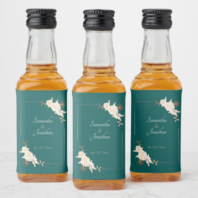Dark Green with Cream Roses Wedding Liquor Bottle Label (Bottles)