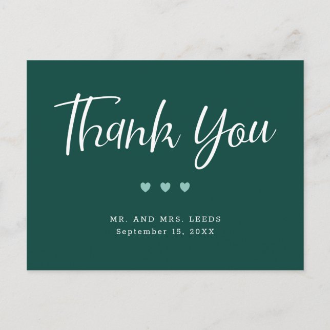 Dark Green With Hearts Wedding Thank You Postcard (Front)