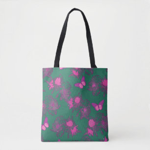 Dark Green with Hot Pink Floral Tote Bag