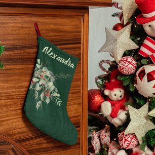 Dark green with Watercolor Leaves & Berries Named Large Christmas Stocking