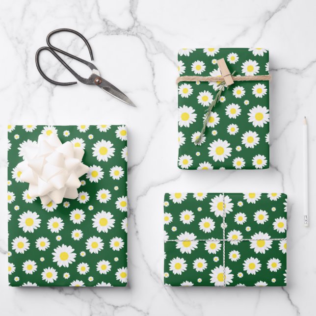 Dark Green with Yellow White Daisy Flower Pattern Wrapping Paper Sheet (Front)