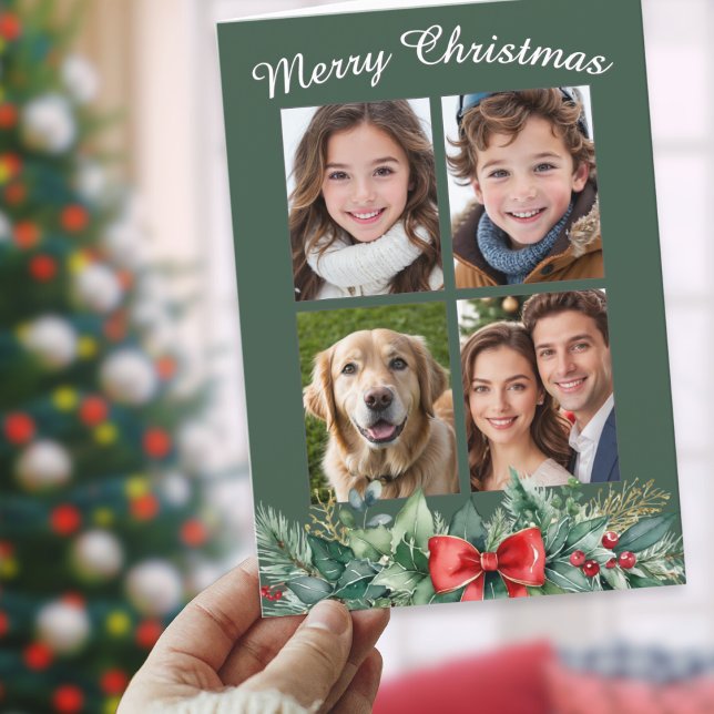 Dark Green Wreath Four-Photo Christmas Holiday Card (A Christmas card to personalize with four favorite photos, with watercolor-style greenery)