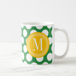 Dark Green & Yellow Big Polka Dots Monogrammed Coffee Mug
