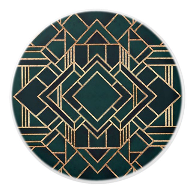 Dark Greens & Gold Geometric Design Ceramic Knob (Front)