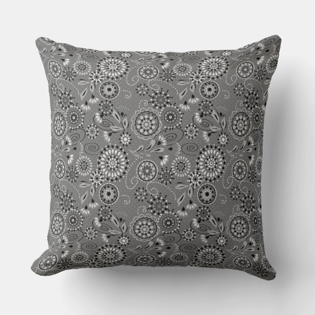 Dark grey abstract flowers ethnic rustic pattern cushion (Front)