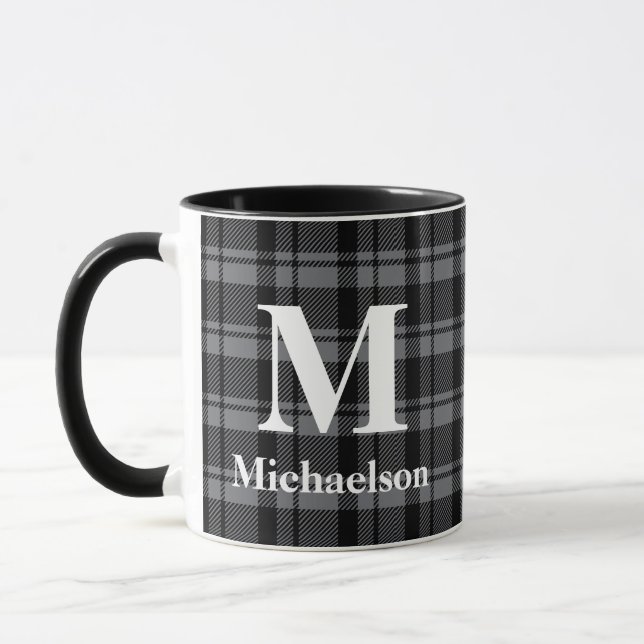 Dark Grey and Black Plaid with Monogram Name  Mug (Left)