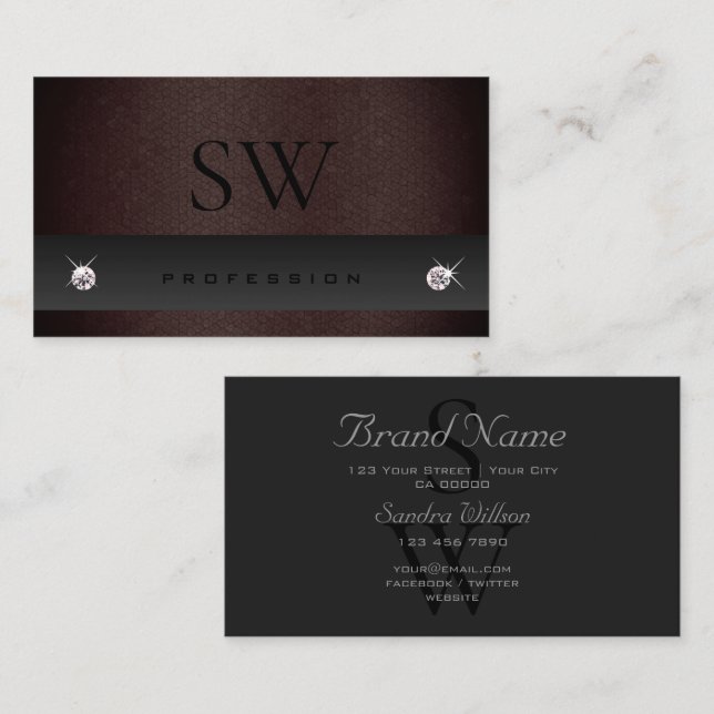Dark Grey and Burgundy Snake Pattern with Monogram Business Card (Front/Back)
