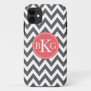 Dark Grey and Coral Chevron Custom Monogram iPhone 11 Case
