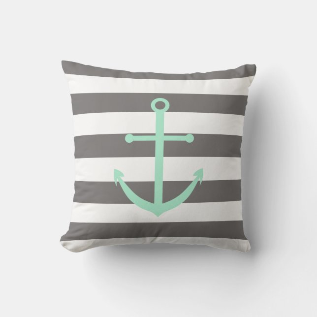 Dark Grey and Mint Anchor Pillow (Front)
