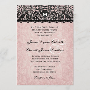 Dark Grey and Pink Vintage Damask Wedding FELT V01 Invitation