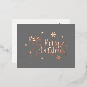 Dark Grey and Rose Gold Foil Merry Christmas Foil Holiday Postcard