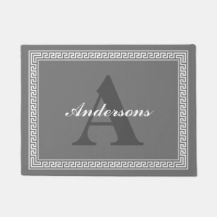 Dark Grey and White Greek Key Monogram Doormat