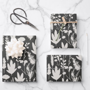 Dark Grey and White Herbs Plants Pattern Floral Wrapping Paper Sheet