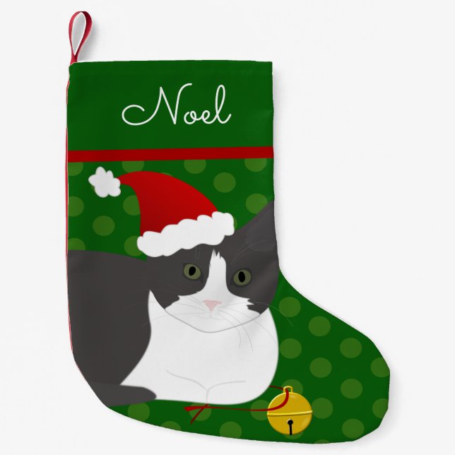 Dark Grey And White Santa Cat Personalised Small Christmas Stocking (Front)