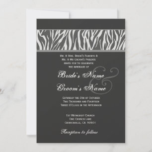 Dark Grey and White Zebra Wedding Metallic Paper Invitation
